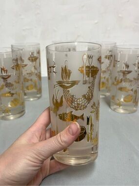 Vintage Culver Gold Decorated Highball Frosted Tumbler Glassware set of 6